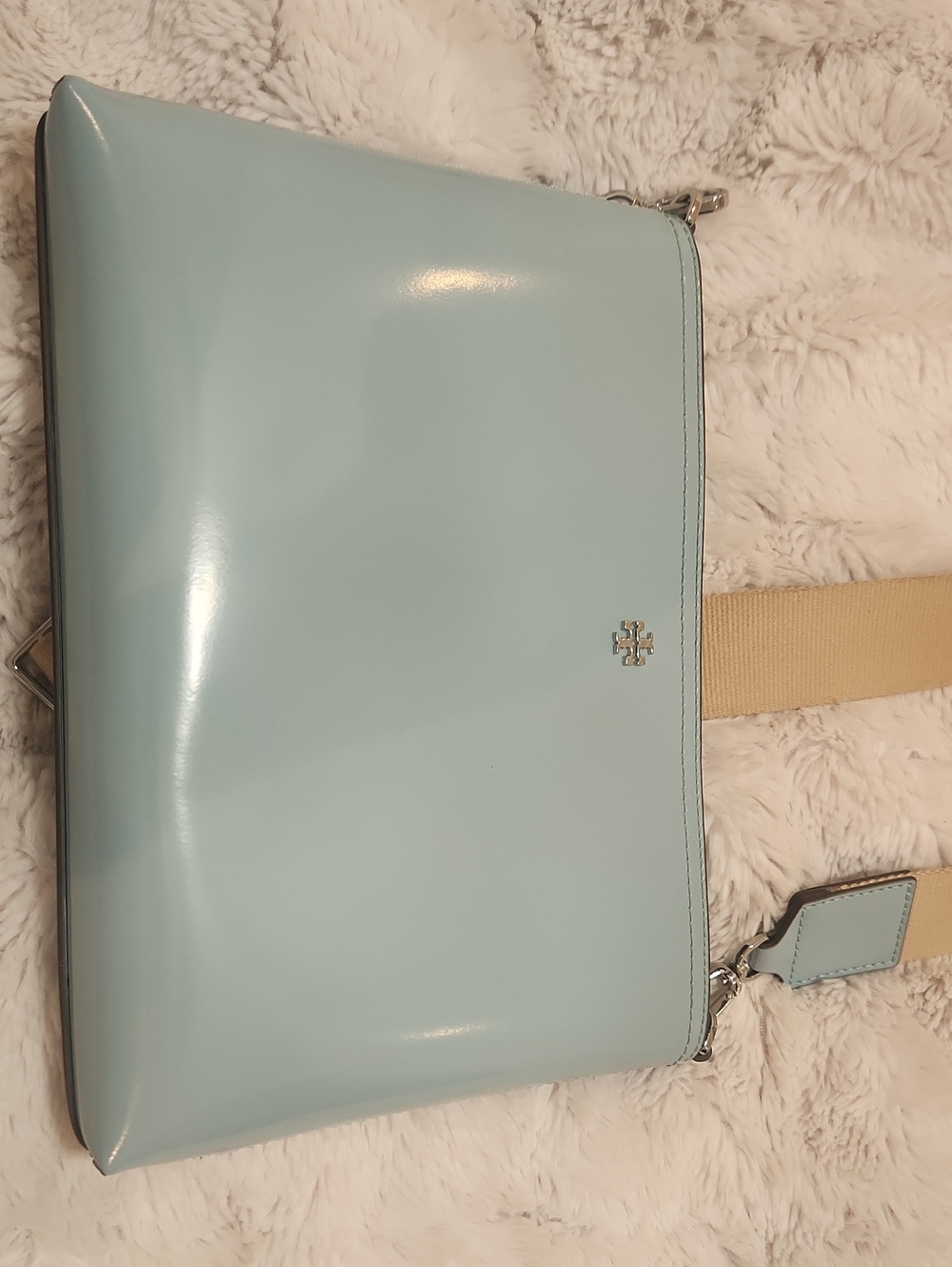 Tory Burch Pale Angel Blue Patent Crossbody with Beige Strap